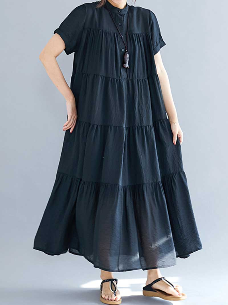 Black Band Collar Short Sleeve Tiered Smock A-Line Maxi Dress 5