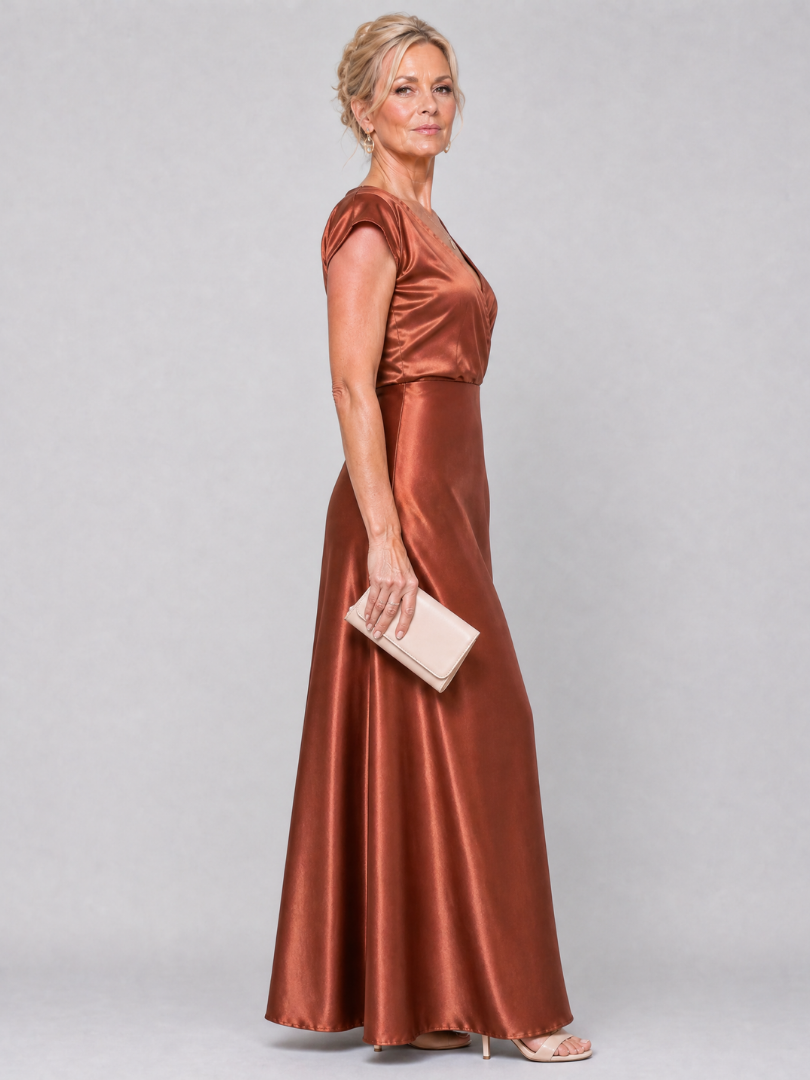 V-Neck Cap Sleeve Satin Wrap Bodice Bias Maxi Gown 6