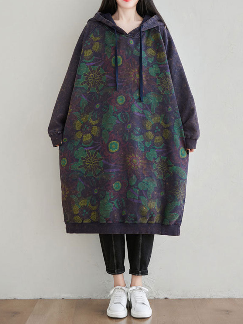 Hooded Floral Print Drawstring Long Sleeve Sweatshirt Midi Dress