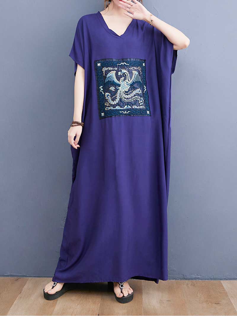 Navy Blue V-Neck Embroidered Phoenix Patch Short Sleeve Loose Kaftan Maxi Dress
