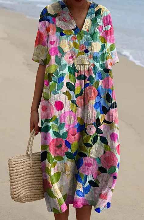 V-Neck Short Sleeve Vintage Rose Floral Linen Midi Dress