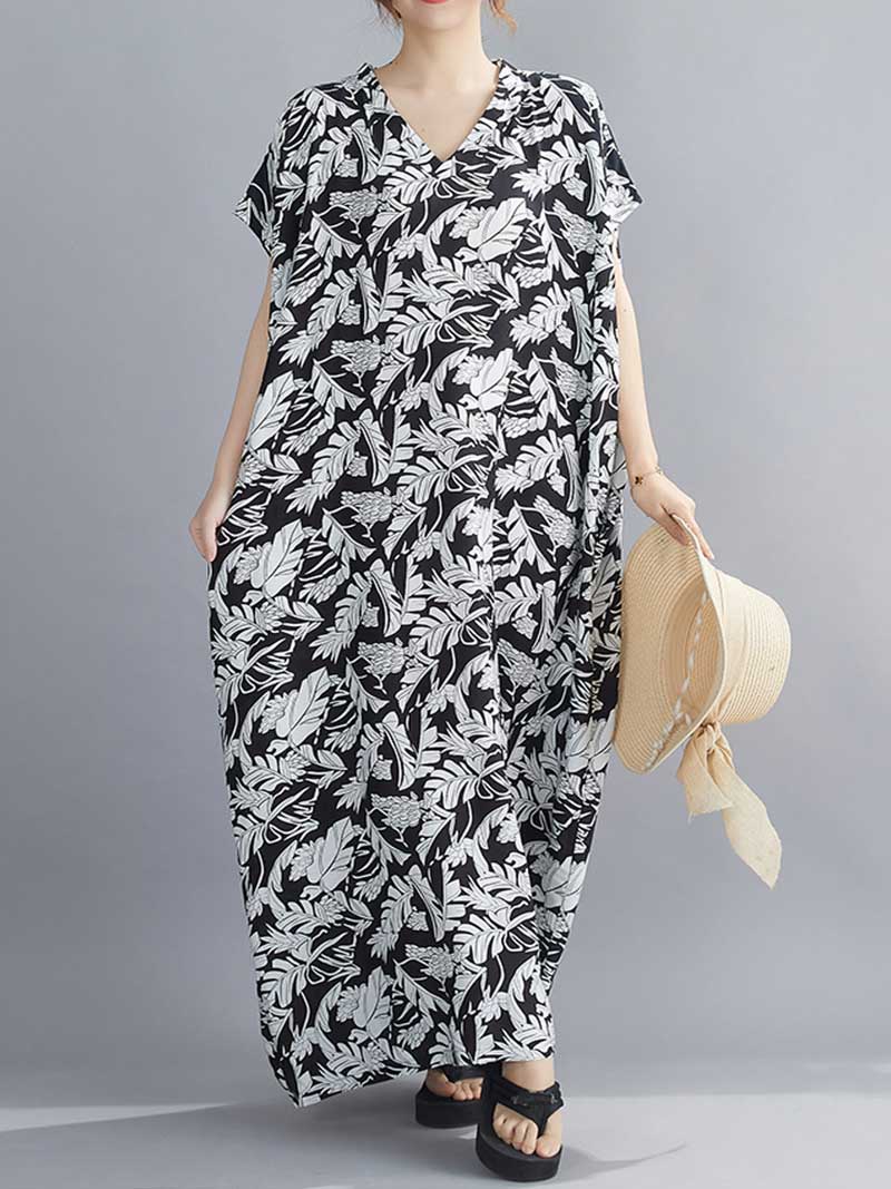 Black V-Neck Short Sleeve Leaf Print Loose Kaftan Maxi Dress 4