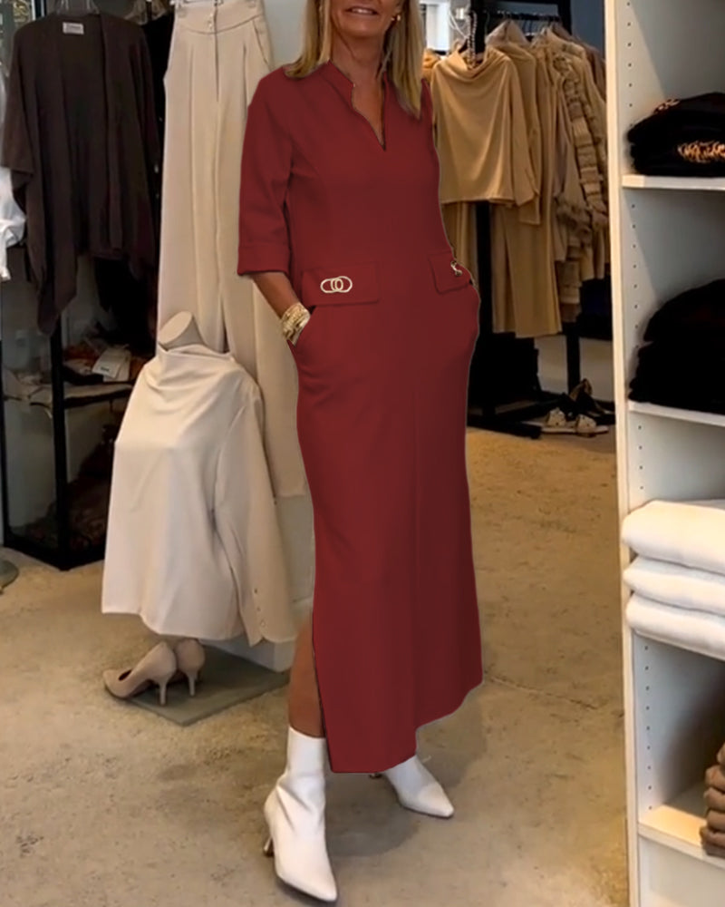 Magaly Timeless Solid Color Slit Dress with 3/4 Sleeves Premium Wardrobe Essential