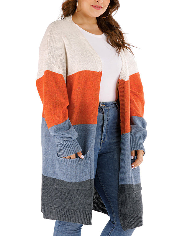 Multi Color Open Front Color Block Long Sleeve Patch Pocket Knit Cardigan