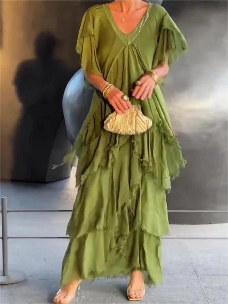 V-Neck Sequin Trim Flutter Sleeve Tiered Ruffle Chiffon Maxi Dress 3