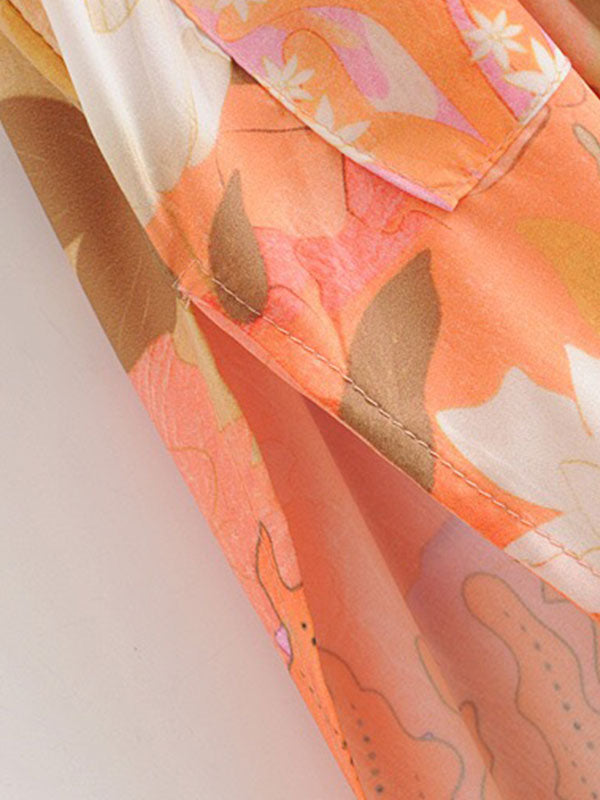 Orange Shawl Collar Floral Crane Print Belted Long Kimono Robe 6