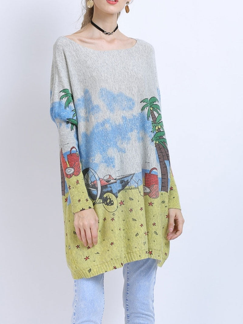 Boat Neck Long Sleeve Beach Scenic Print Oversized Knit Sweater 9