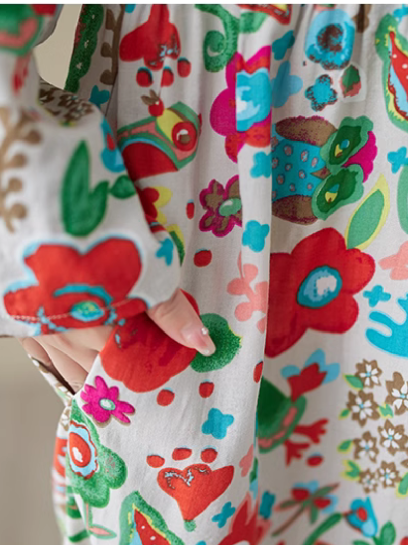 Round Neck Floral Print Long Sleeve Pleated Loose Smock Maxi Dress