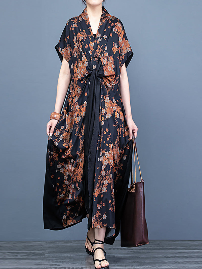 V-Neck Short Sleeve Floral Print Tie Front Loose Maxi Dress 7