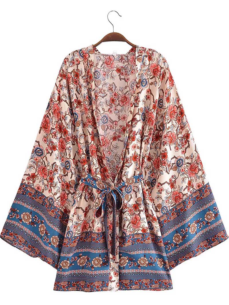 Ditsy Floral Border Print Belted Open-Front Short Kimono 3