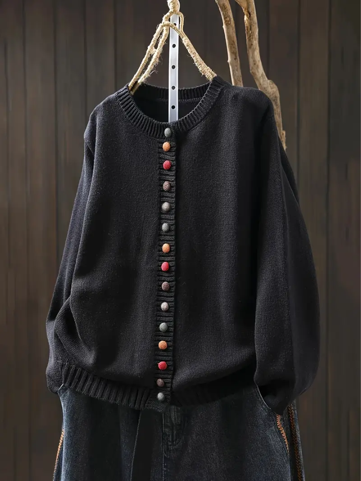 Knit Round Neck Multicolor Button Long Sleeve Cardigan 5