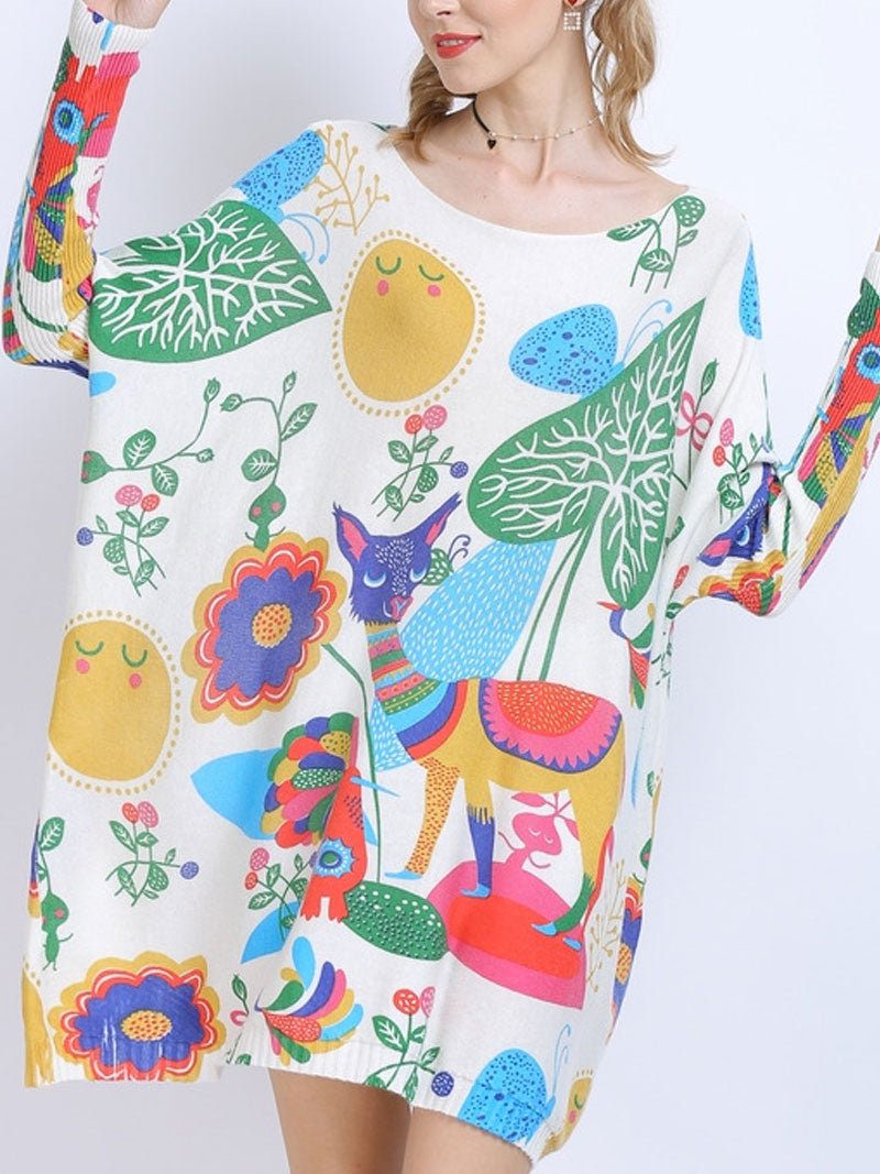 Boat Neck Abstract Print Long Sleeve Knit Mini Dress