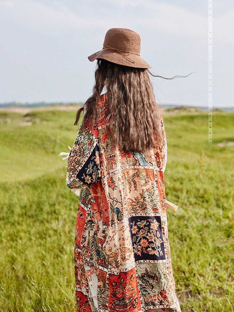 Multicolor V-Neck Patchwork Floral Print Tassel Cotton Kaftan Maxi Dress 2