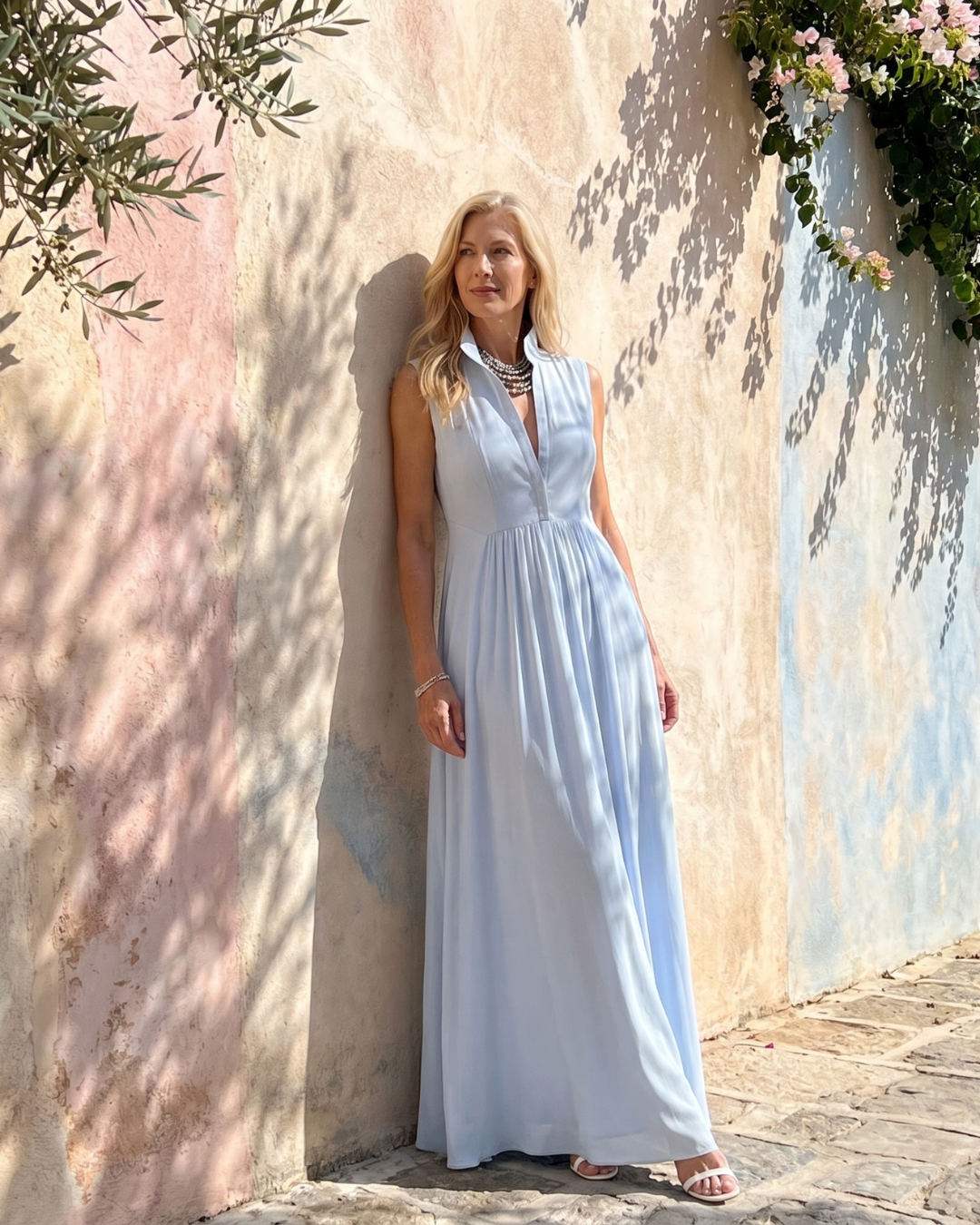Sky Blue High Collar V-Neck Sleeveless Flowy A-Line Maxi Dress