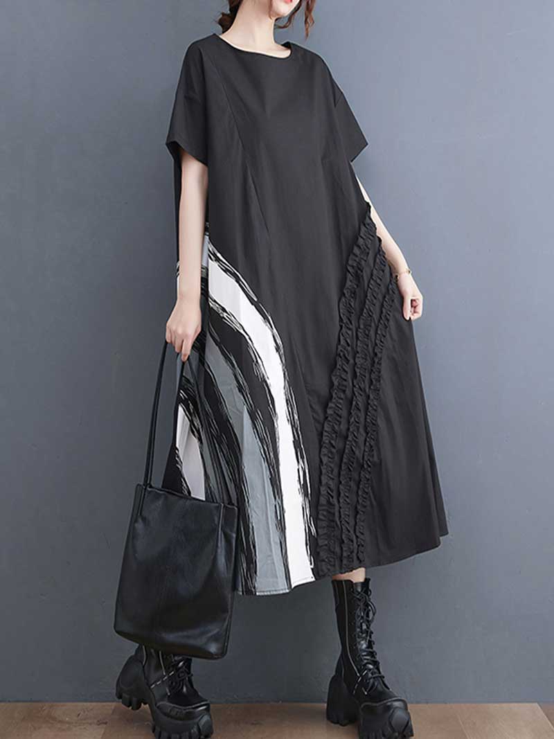 Black Round Neck Short Sleeve Ruffle Trim Contrast Panel Loose Midi Dress 4