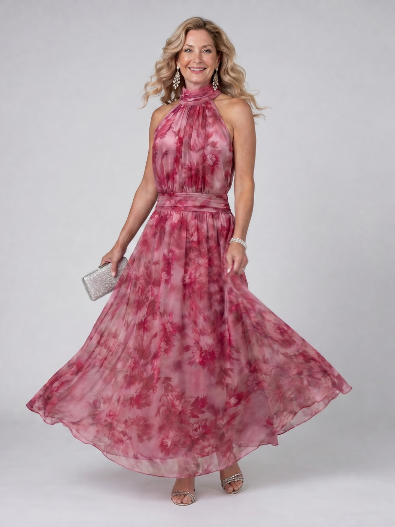 Halter Turtleneck Floral Chiffon Sash Waist Maxi Gown 2