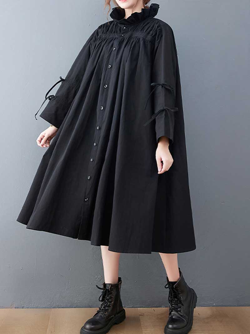 Black Ruffle Collar Button Front Tie Sleeve Loose Swing Midi Dress