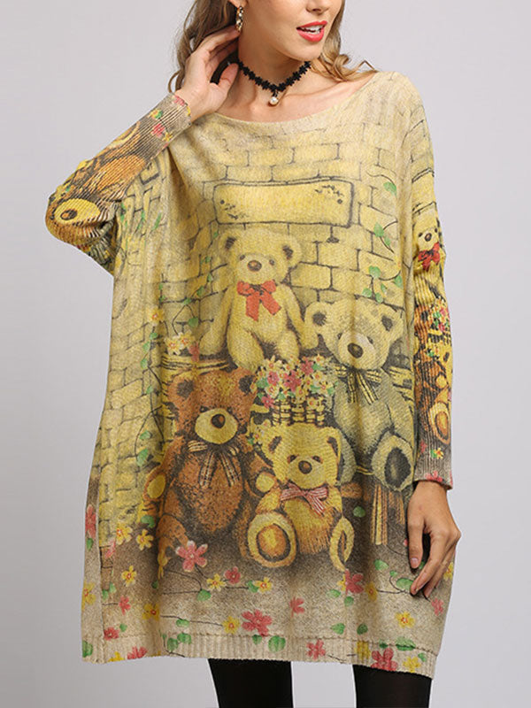 Boat Neck Long Sleeve Teddy Bear Print Knit Sweater 7