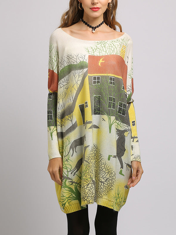 Boat Neck Scenic Print Long Sleeve Loose Knit Sweater 5