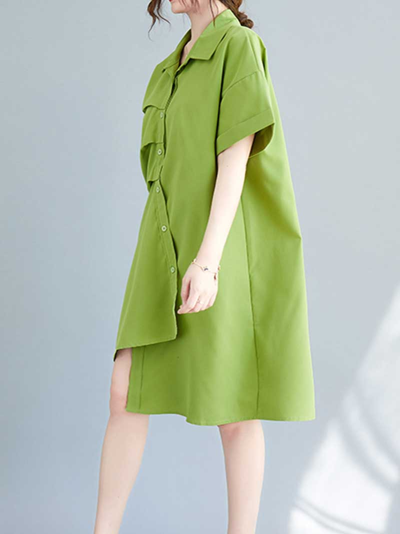 Pointed Collar Button Down Short Sleeve Irregular Hem Shirt Dress 8