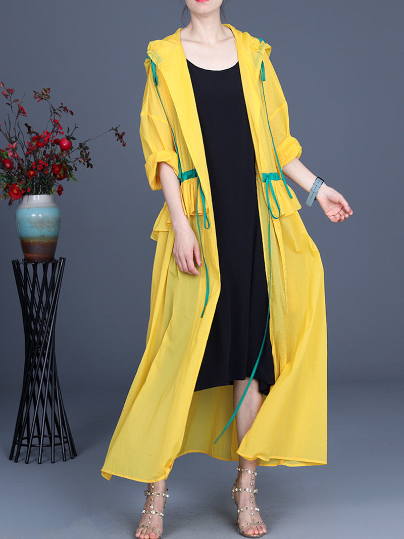 Hooded Drawstring Ruffle Pocket Open Front Long Duster Coat 8