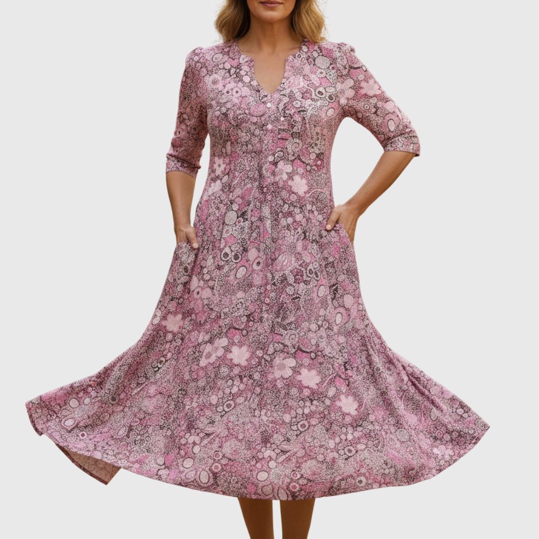 V-Neck Three Quarter Sleeve Floral Button Front A-Line Midi Dress