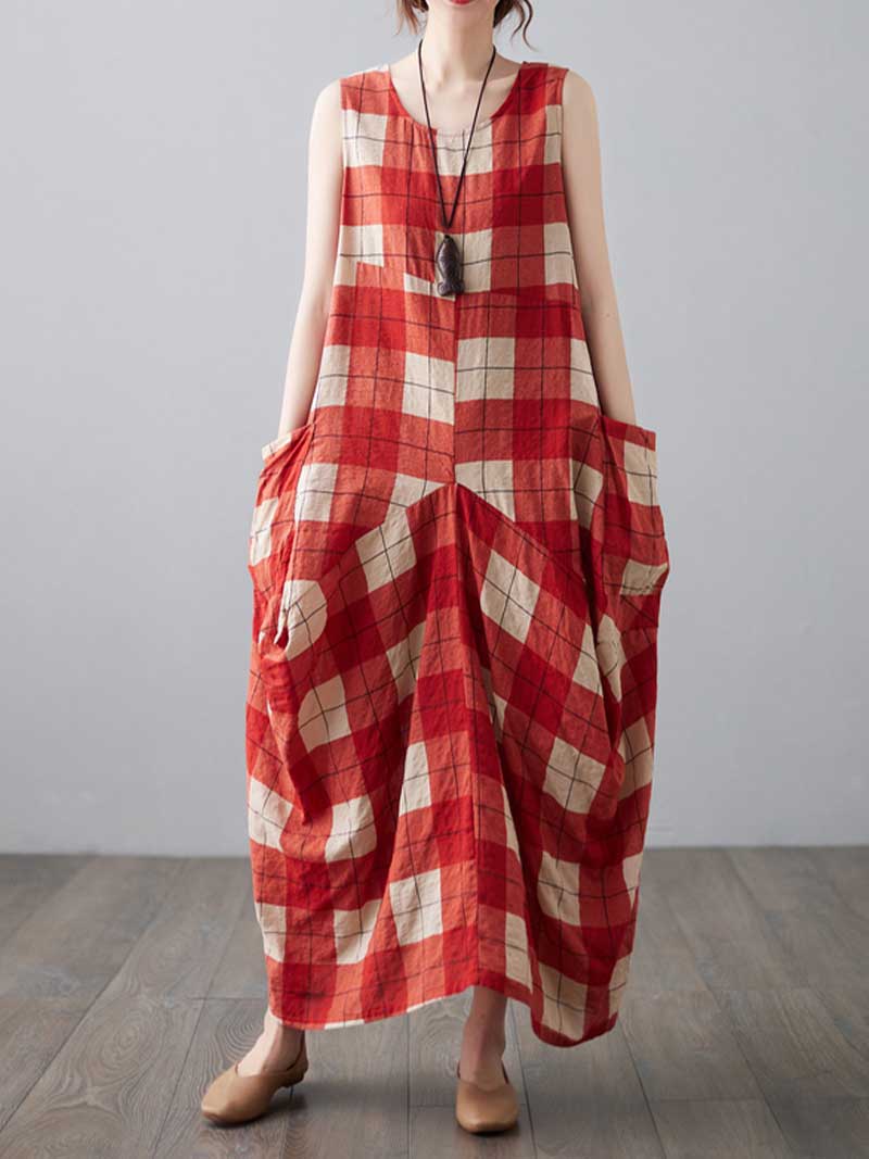 Red Round Neck Sleeveless Plaid Print Loose Cocoon Maxi Dress 3