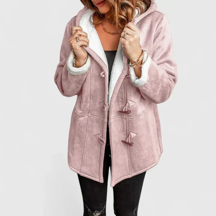 Hooded Sherpa Lined Suede Toggle Button Coat