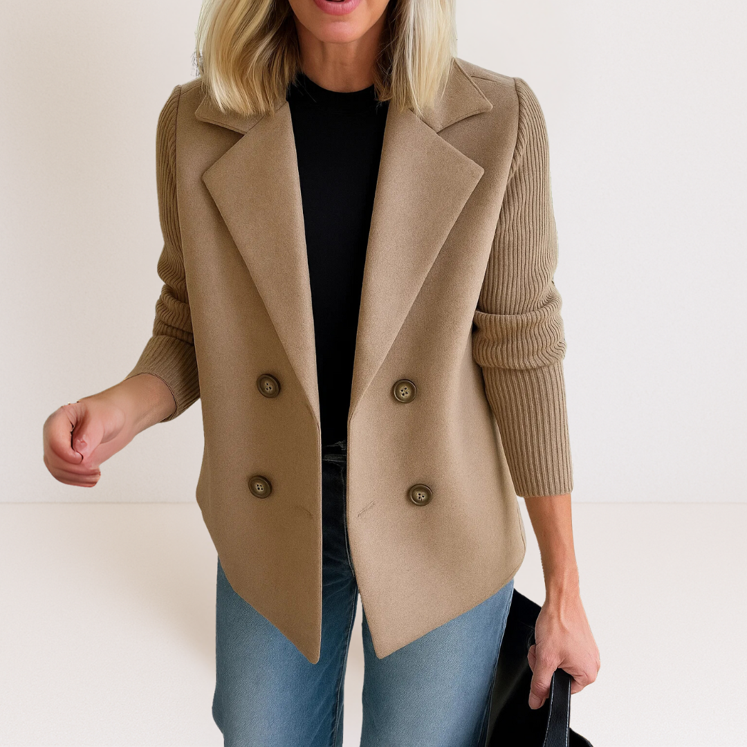 Notch Lapel Ribbed Knit Sleeve Double-Breasted Coat 3