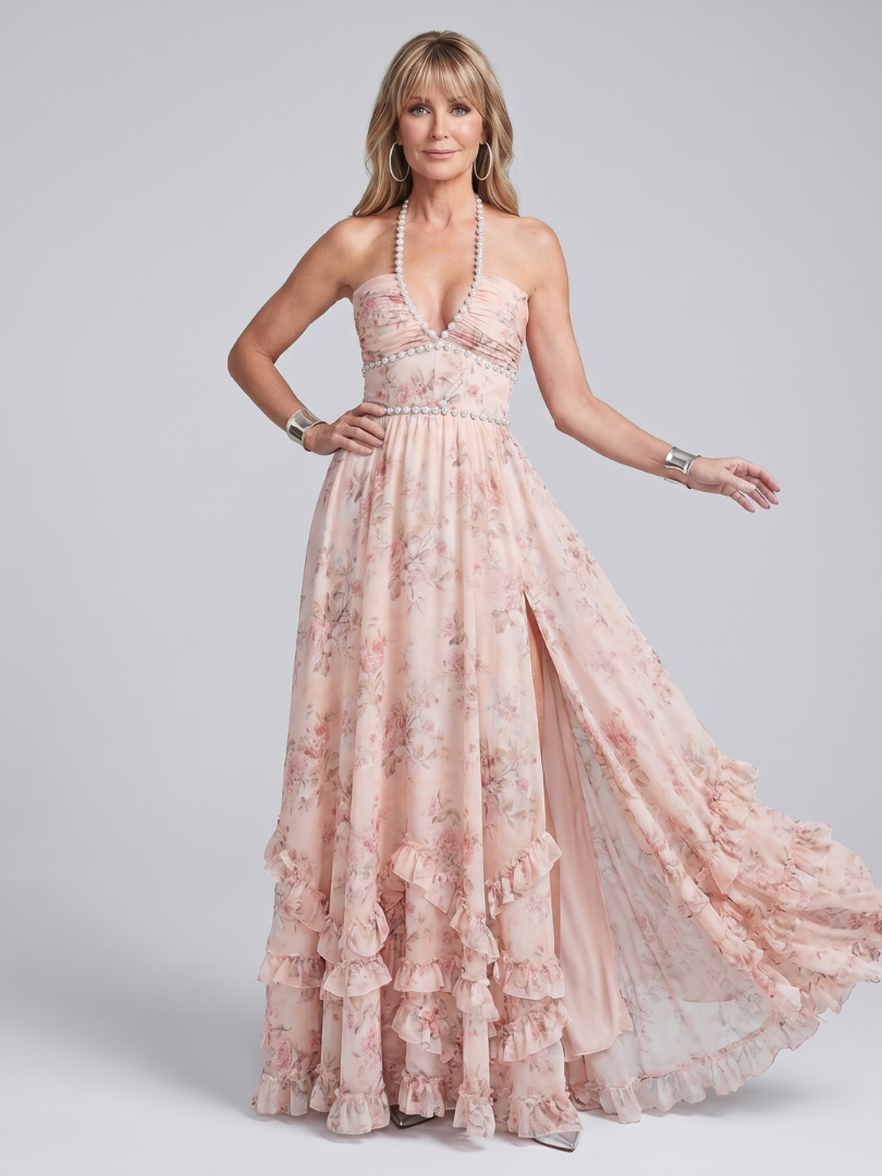 Halter V-Neck Beaded Floral High Slit Ruffle Hem Maxi Gown 4