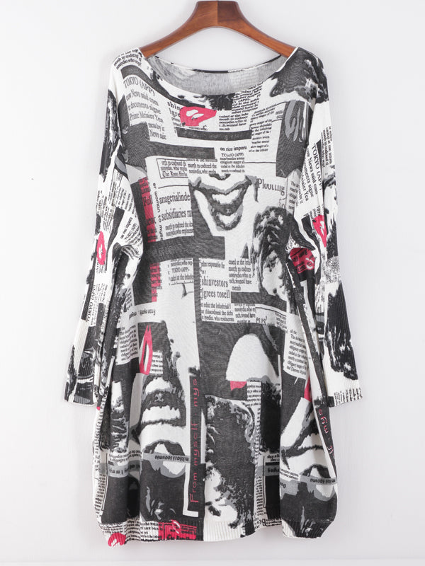Boat Neck Batwing Sleeve Newspaper Print Oversized Knit Sweater 11
