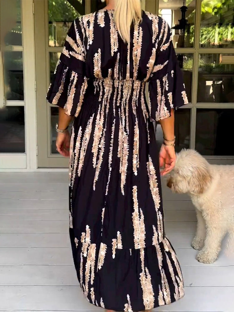 Retro 3/4 Sleeve Print Midi Dress