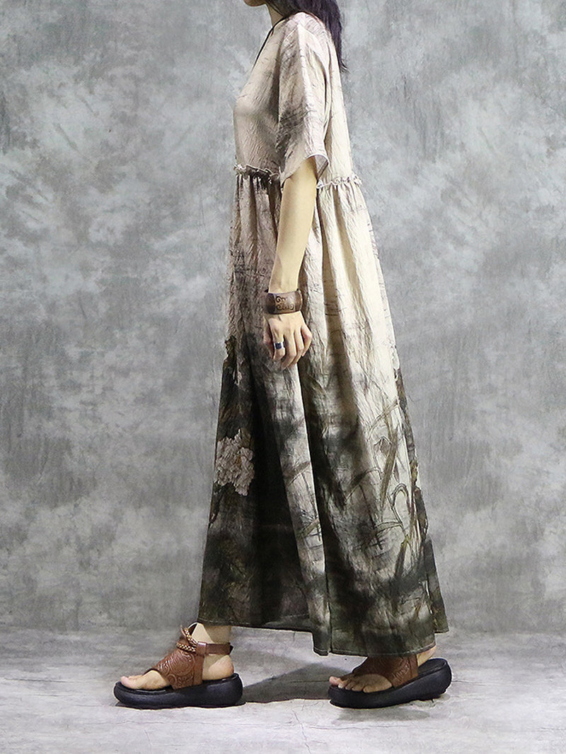 Light Coffee Round Neck Ink Floral Short Sleeve Empire Waist Maxi Dress 3