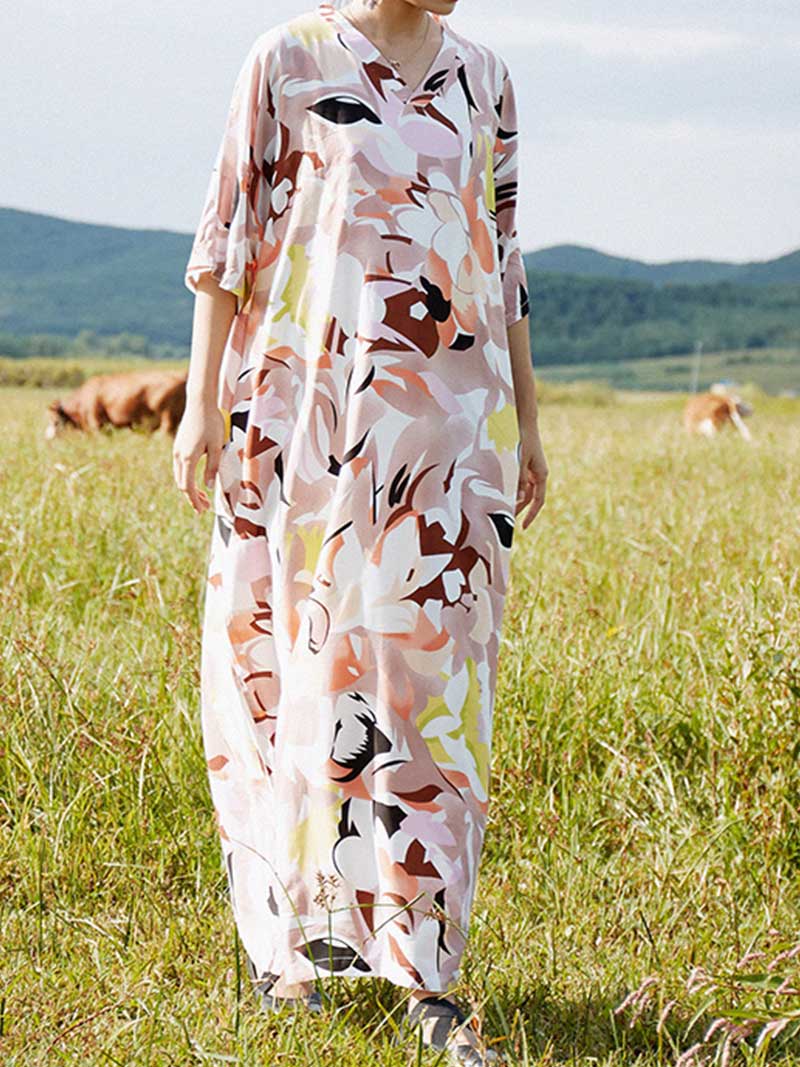 Multicolor V-Neck Half Sleeve Abstract Floral Print Kaftan Maxi Dress