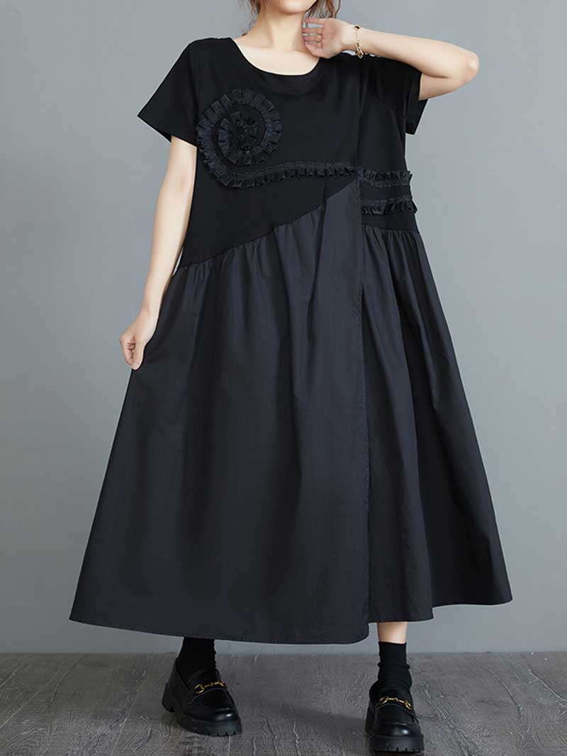 Black Round Neck Floral Applique Frill Trim Short Sleeve Swing Midi Dress 4