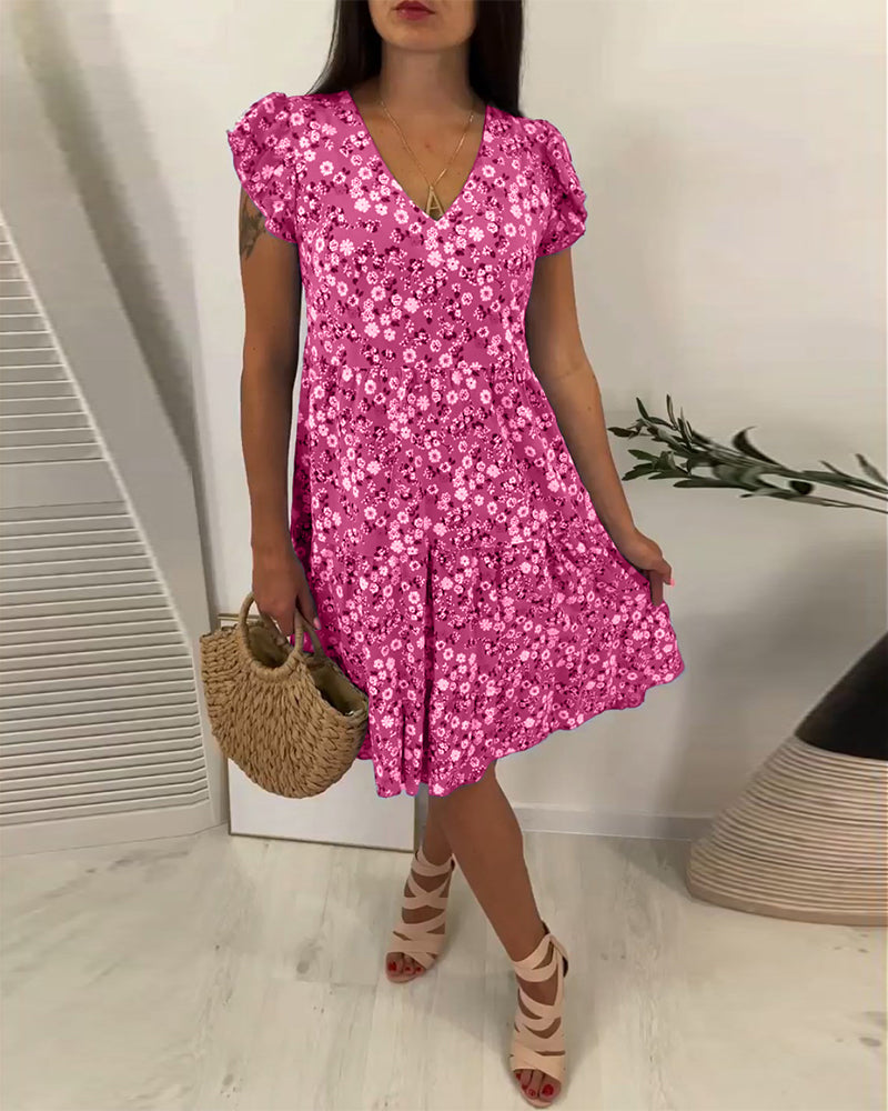 V-Neck Ditsy Floral Print Petal Sleeve A-Line Midi Dress