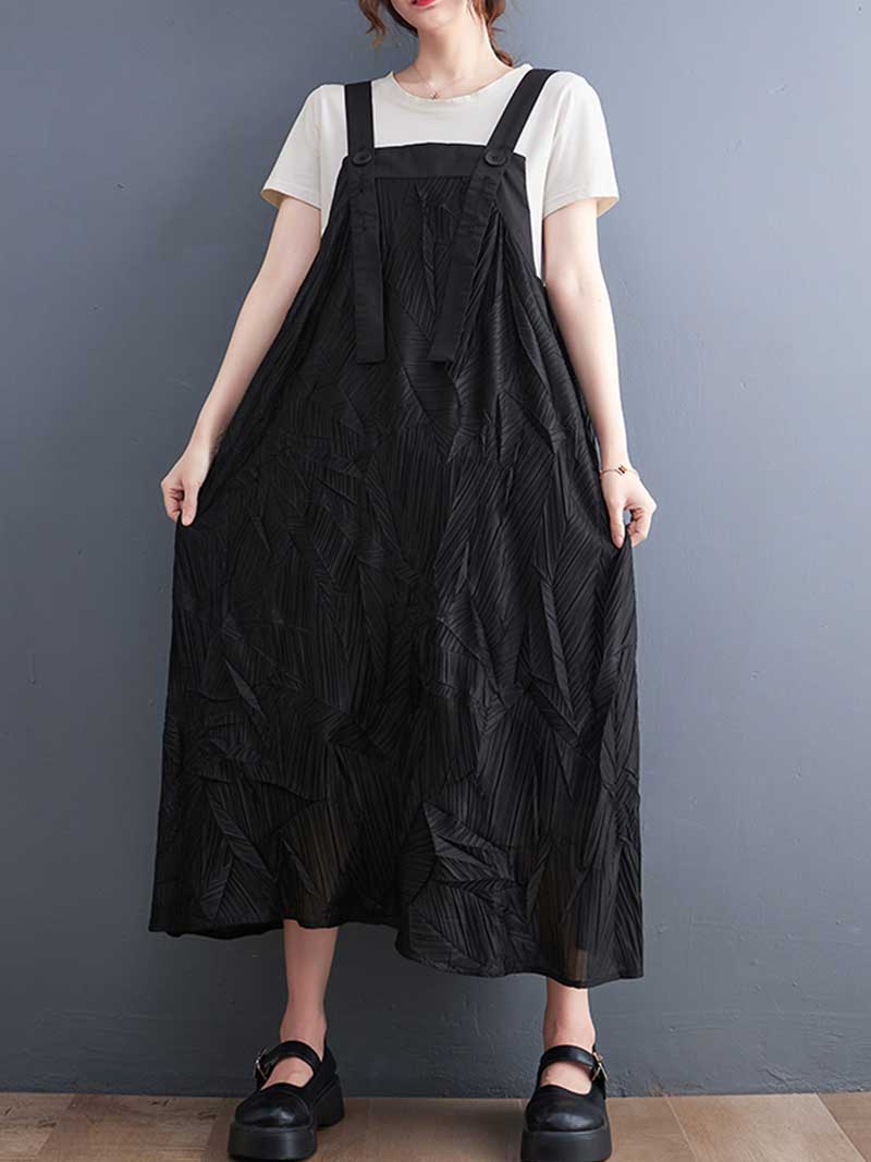 Black Button Strap Textured Leaf Jacquard A-Line Pinafore Midi Dress