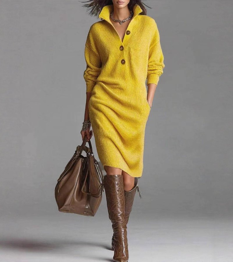Collared Half-Button Ribbed Knit Long Sleeve Sweater Midi Dress