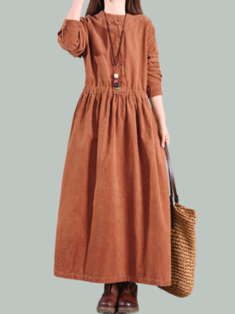 Stand Collar Button Placket Corduroy Long Sleeve Pleated Maxi Dress 5