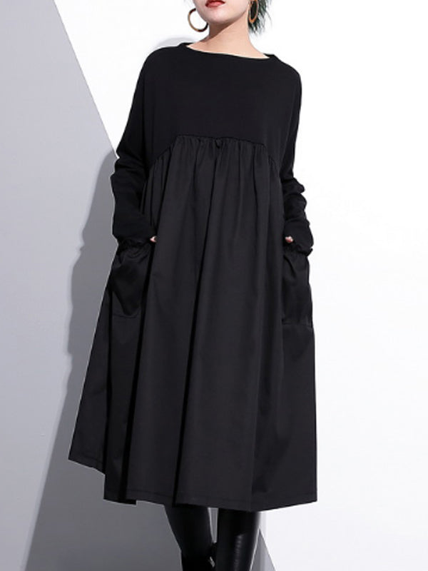 Black Round Neck Long Sleeve Pleated Pocket Smock Midi Dress