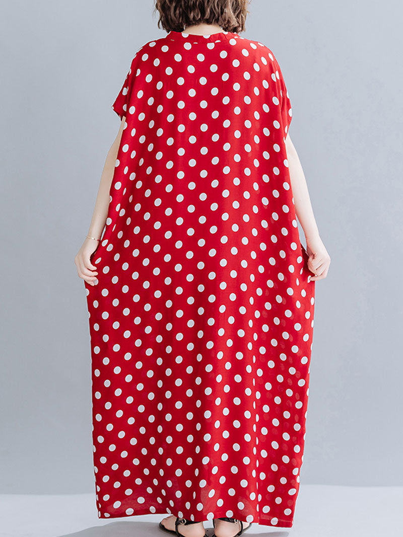 Red V-Neck Short Sleeve Polka Dot Loose Kaftan Maxi Dress 2