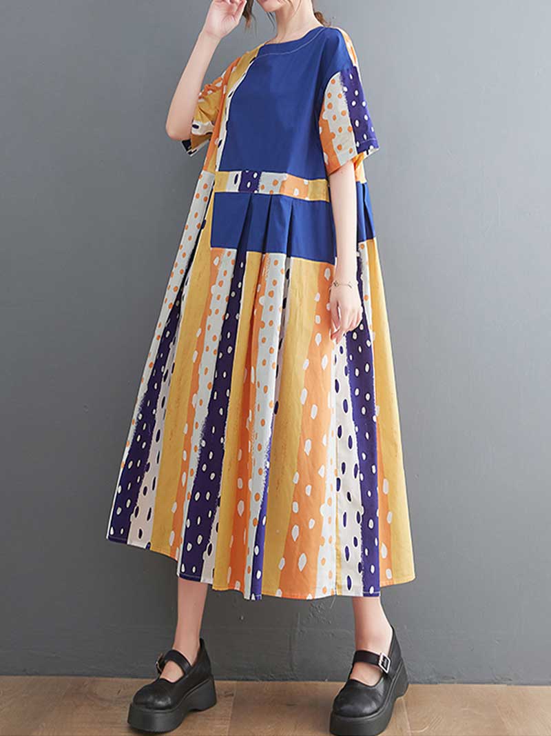 Round Neck Polka Dot Patchwork Short Sleeve Pleated A-Line Midi Dress 4
