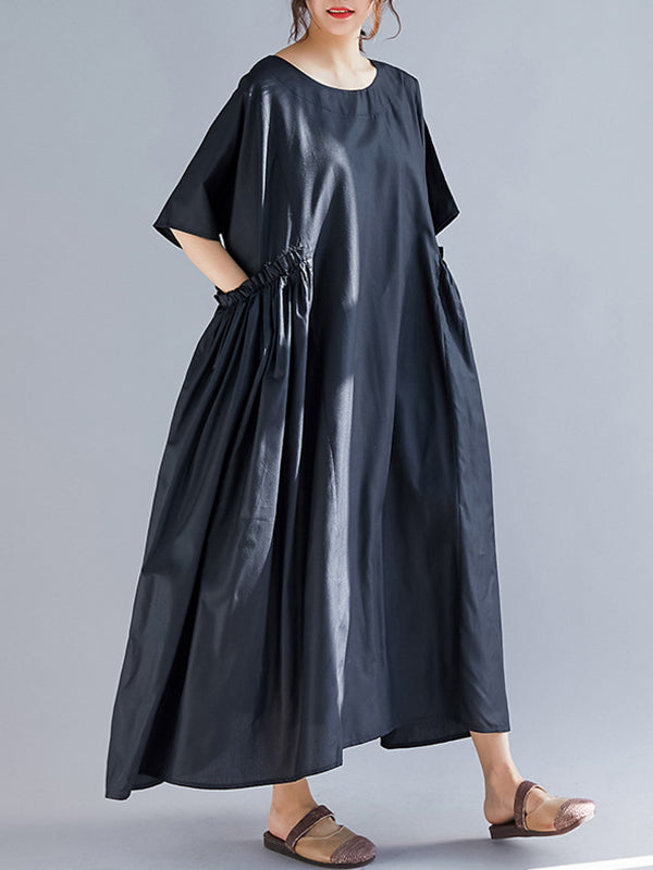 Black Round Neck Short Sleeve Pleated Pocket Loose A-Line Midi Dress 4