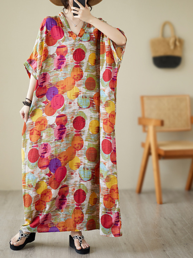 V-Neck Short Sleeve Abstract Dot Print Loose Kaftan Maxi Dress
