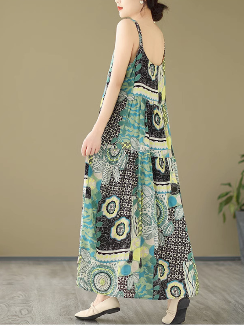Scoop Neck Spaghetti Strap Abstract Print A-Line Maxi Dress