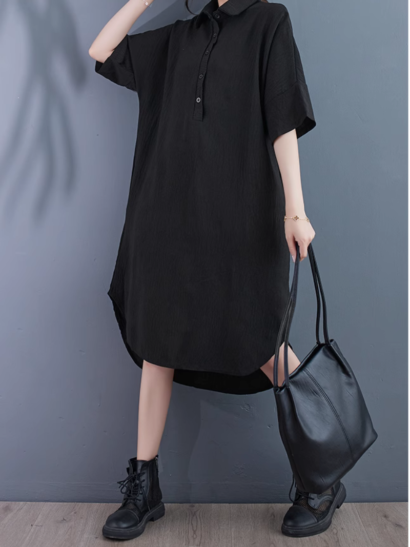 Collared Half Placket Textured Loose Shirt Midi Dress