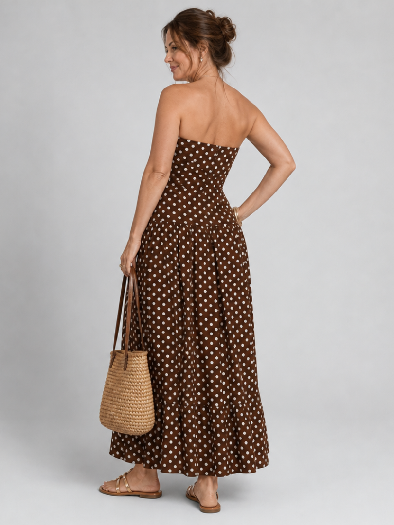 Brown Strapless Polka Dot Fitted Bodice Flared A-Line Maxi Dress 6