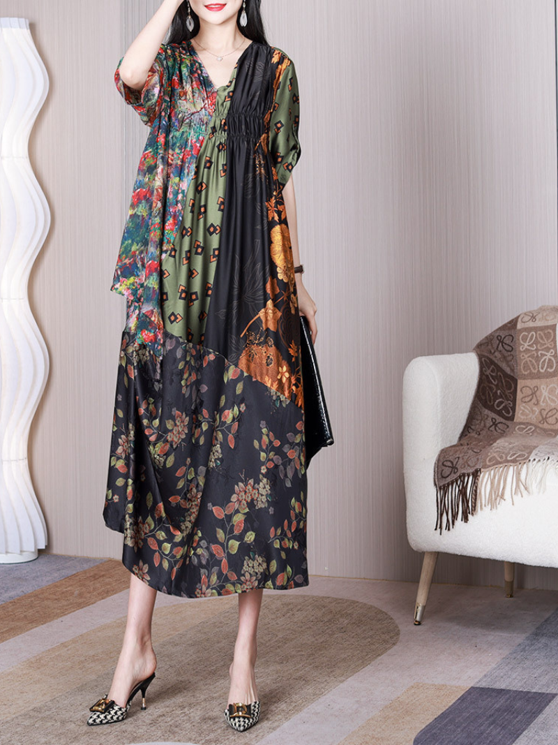 Multi Color V-Neck Short Sleeve Floral Patchwork Ruched Waist Loose Midi Dress