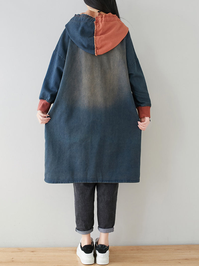Blue Hooded Denim Colorblock Patch Pocket Button Long Line Coat 2