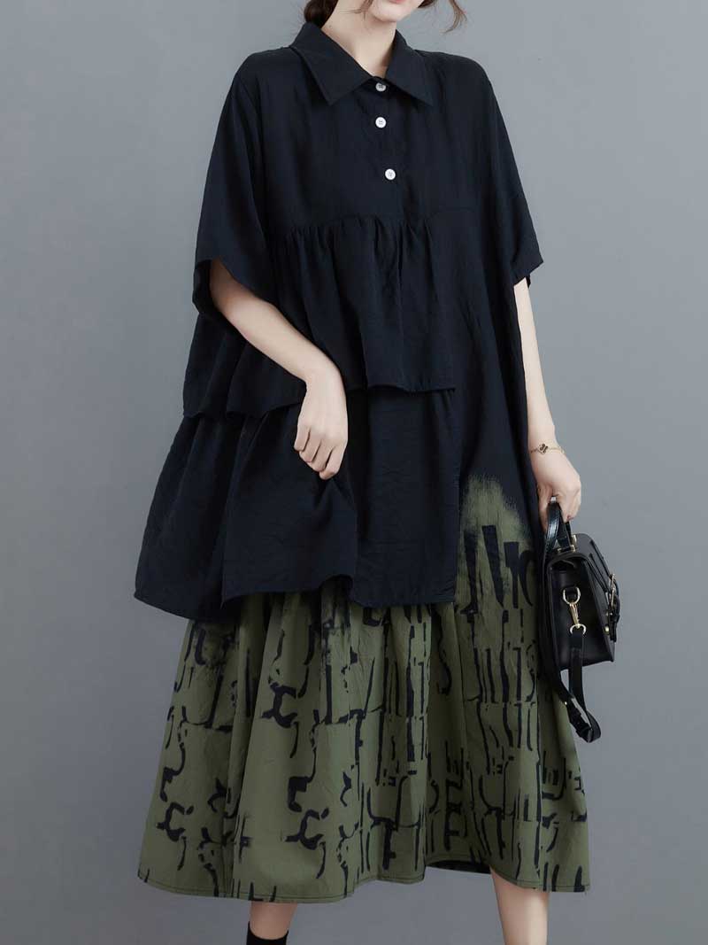 Black Collared Button Tiered Layered Abstract Print A-Line Midi Dress 5